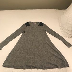 Gray sweater dress with black lace shoulder detail